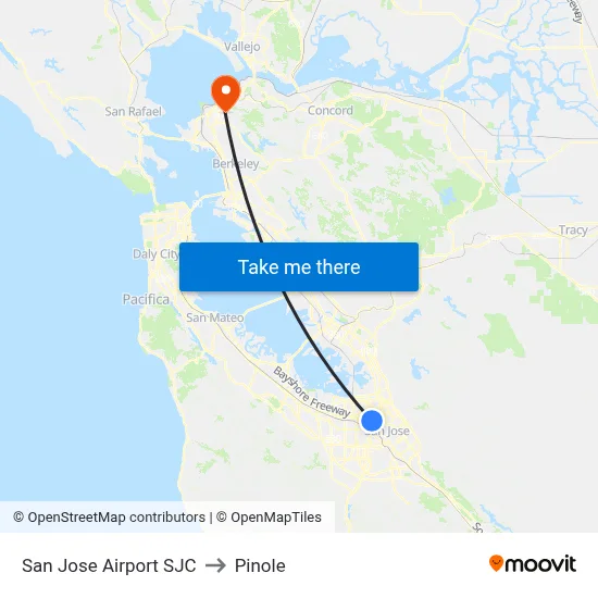 San Jose Airport SJC to Pinole map