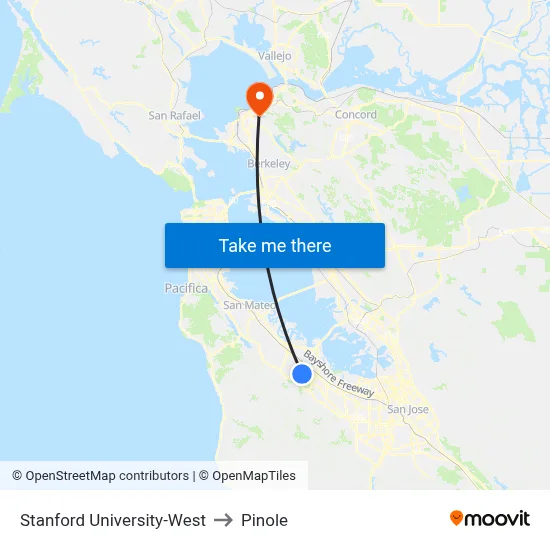 Stanford University-West to Pinole map