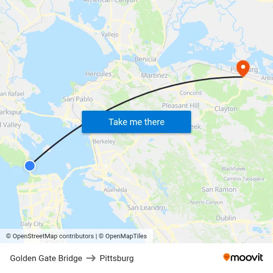 Golden Gate Bridge to Pittsburg map