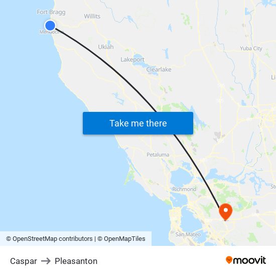 Caspar to Pleasanton map