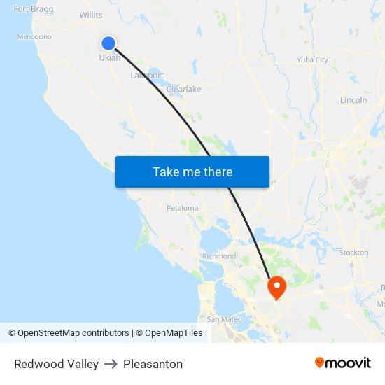 Redwood Valley to Pleasanton map