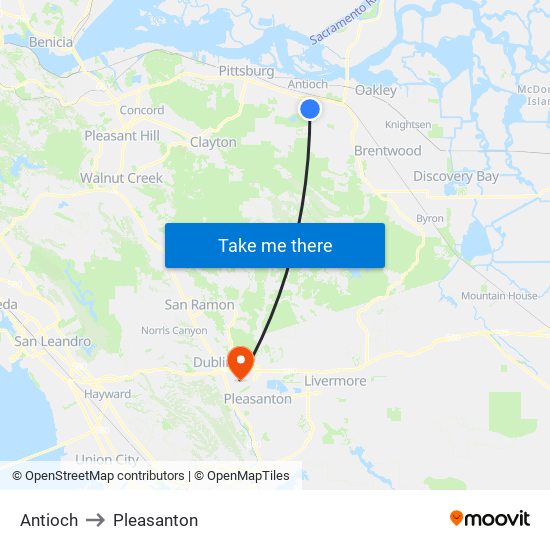 Antioch to Pleasanton map