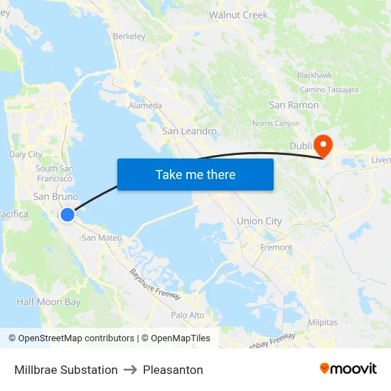 Millbrae Substation to Pleasanton map