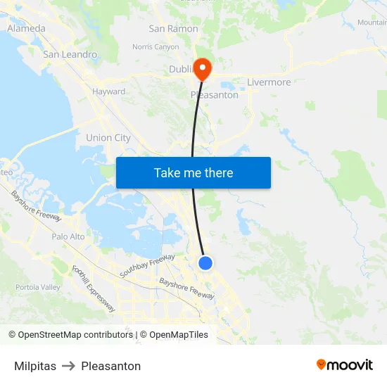 Milpitas to Pleasanton map
