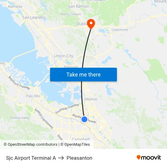 Sjc Airport Terminal A to Pleasanton map