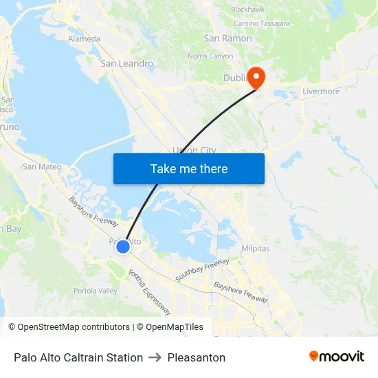 Palo Alto Caltrain Station to Pleasanton map