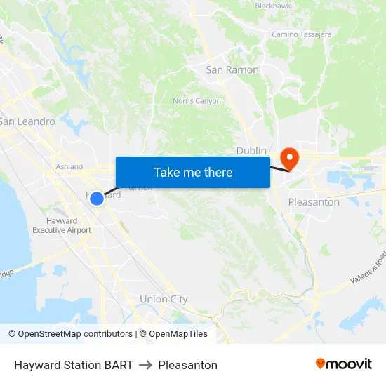 Hayward Station BART to Pleasanton map
