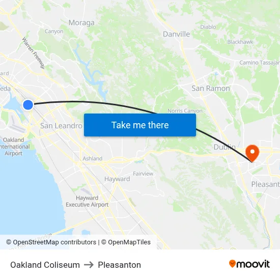 Oakland Coliseum to Pleasanton map