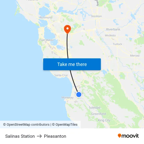 Salinas Station to Pleasanton map