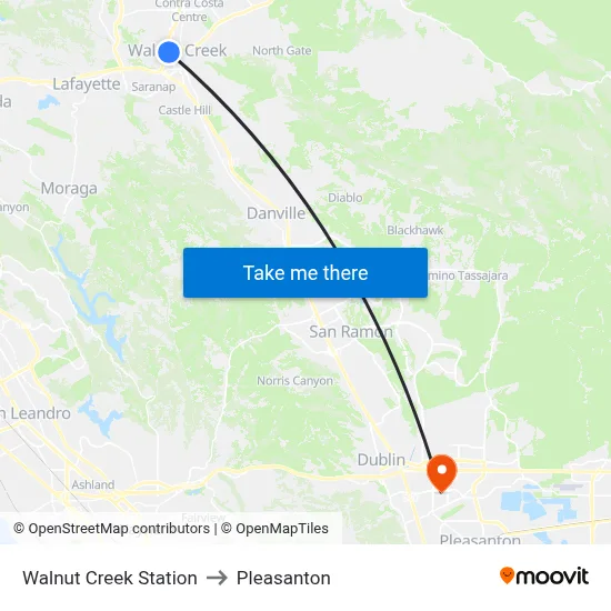 Walnut Creek Station to Pleasanton map