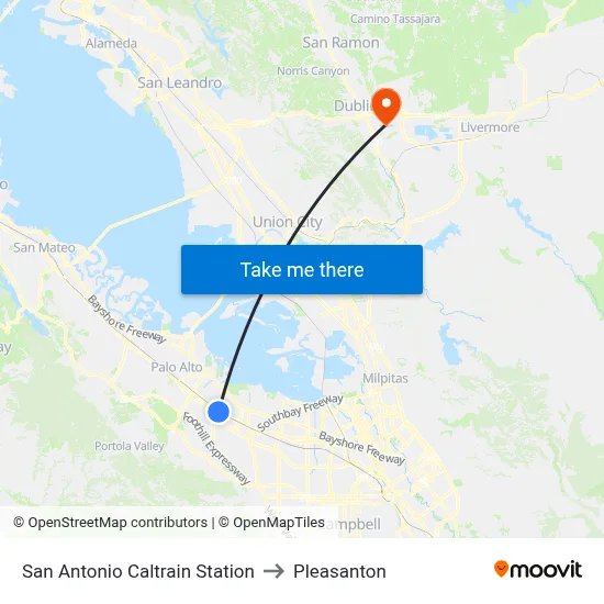 San Antonio Caltrain Station to Pleasanton map