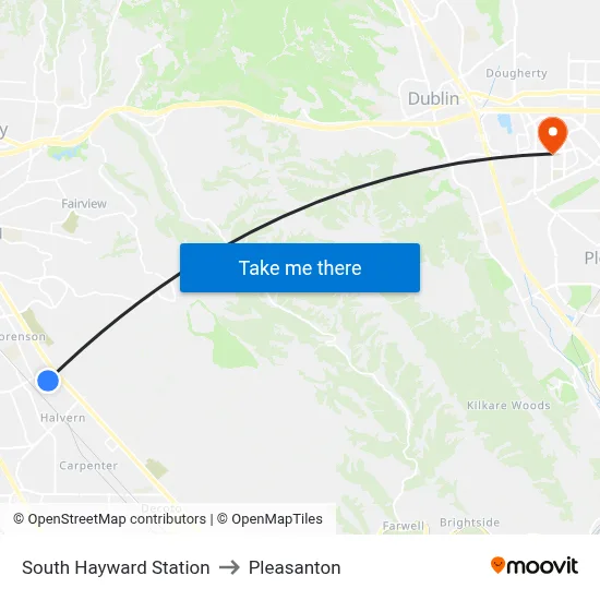 South Hayward Station to Pleasanton map