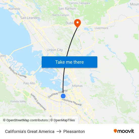 California's Great America to Pleasanton map