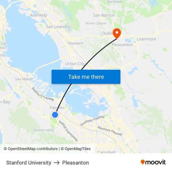 Stanford University to Pleasanton map