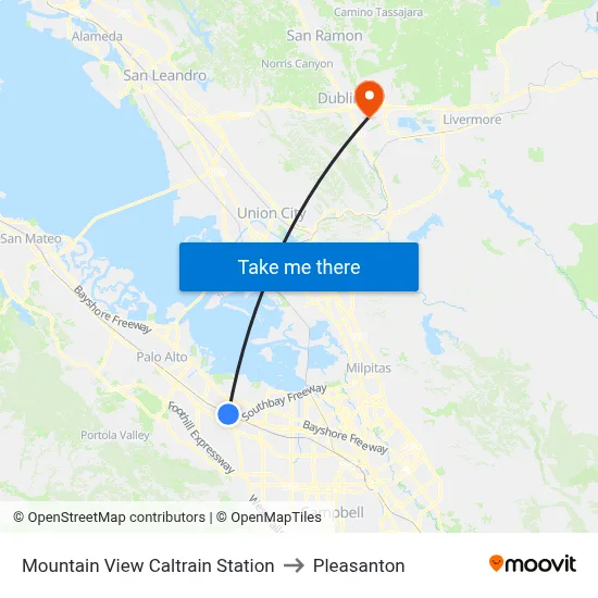 Mountain View Caltrain Station to Pleasanton map
