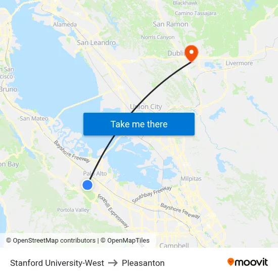 Stanford University-West to Pleasanton map