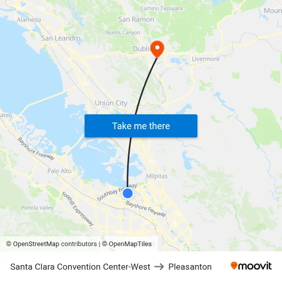 Santa Clara Convention Center-West to Pleasanton map