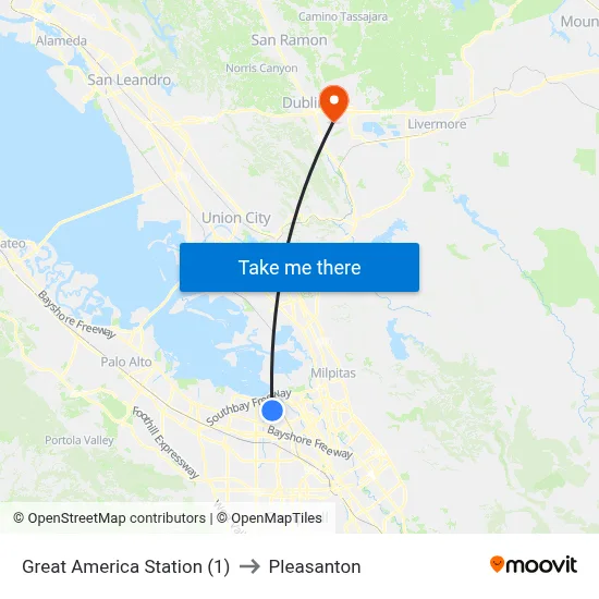 Great America Station (1) to Pleasanton map