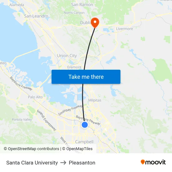 Santa Clara University to Pleasanton map