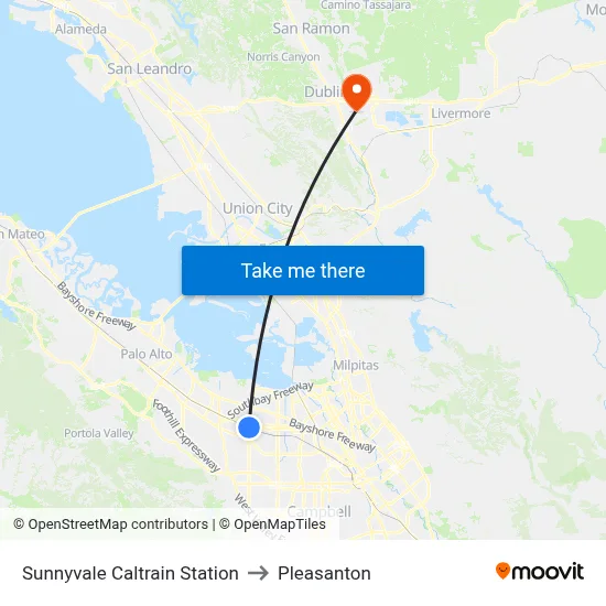 Sunnyvale Caltrain Station to Pleasanton map