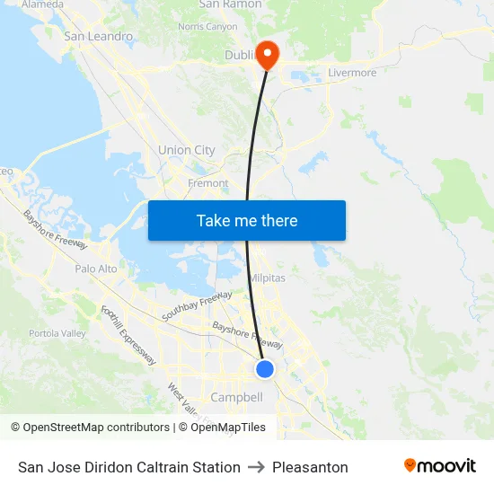 San Jose Diridon Caltrain Station to Pleasanton map