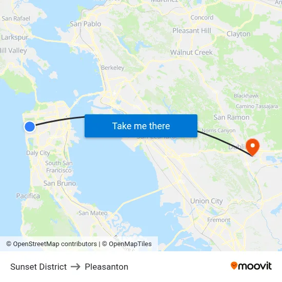 Sunset District to Pleasanton map