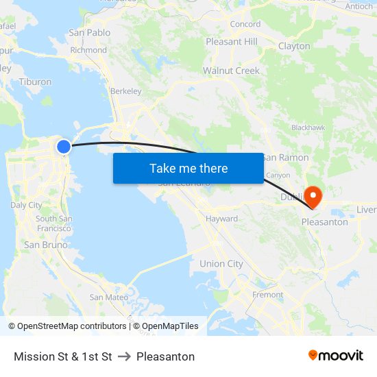 Mission St & 1st St to Pleasanton map