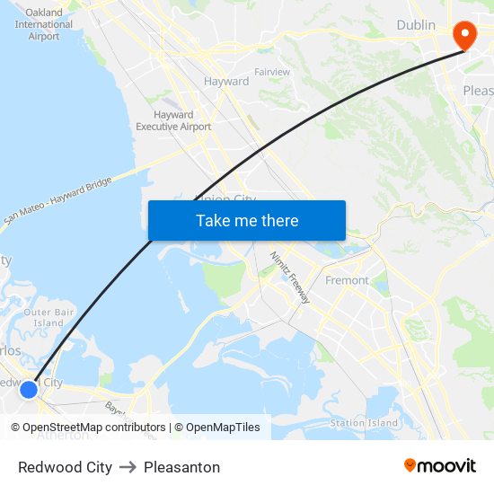 Redwood City to Pleasanton map