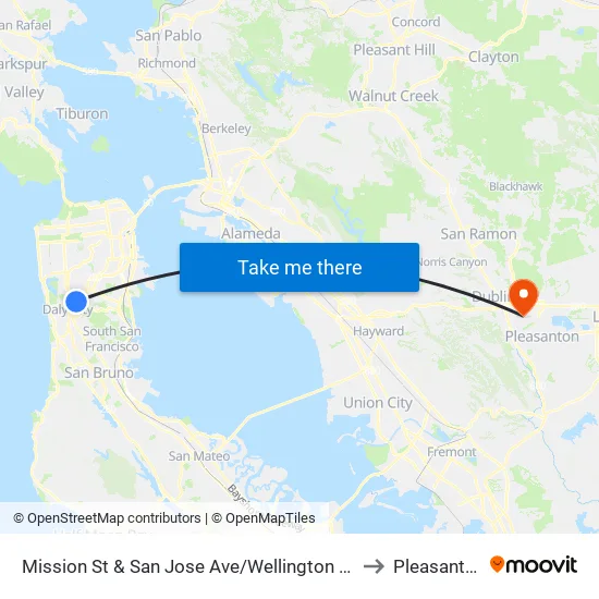 Mission St & San Jose Ave/Wellington Ave to Pleasanton map