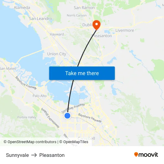 Sunnyvale to Pleasanton map