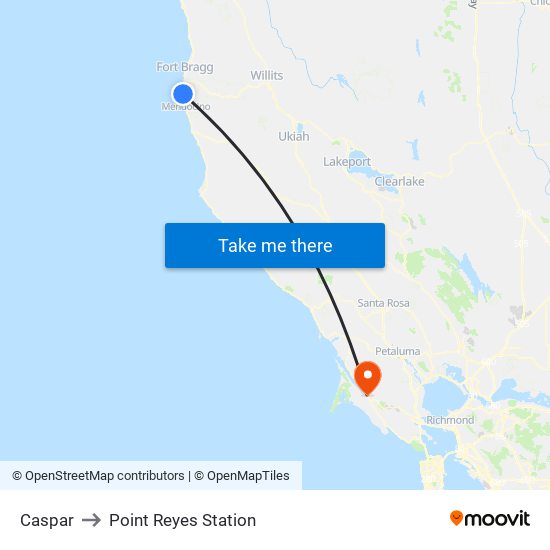 Caspar to Point Reyes Station map