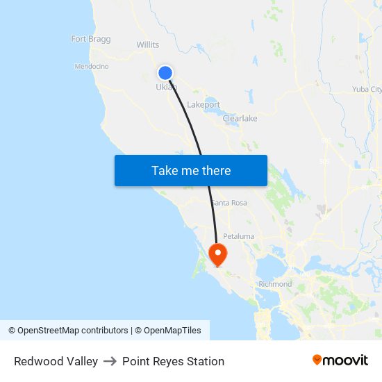 Redwood Valley to Point Reyes Station map