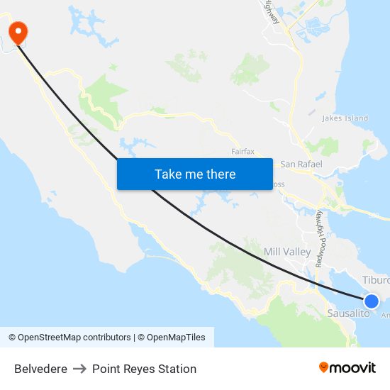 Belvedere to Point Reyes Station map