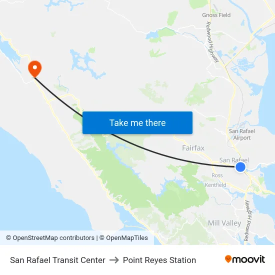 San Rafael Transit Center to Point Reyes Station map