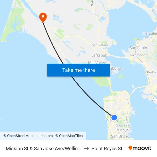 Mission St & San Jose Ave/Wellington Ave to Point Reyes Station map