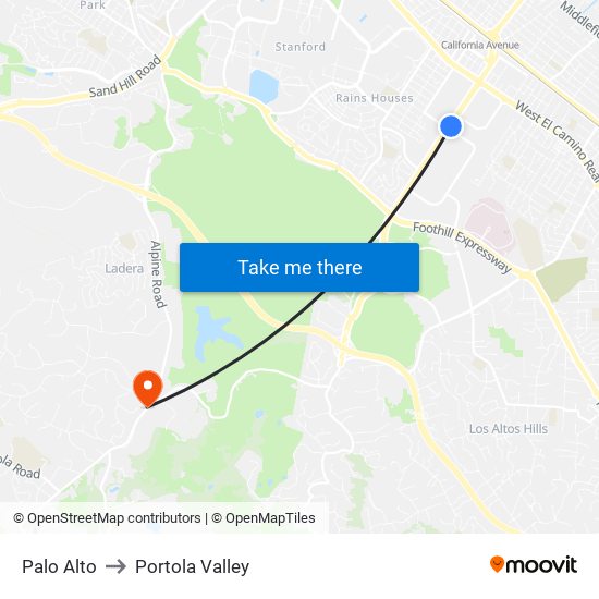 Palo Alto to Portola Valley map