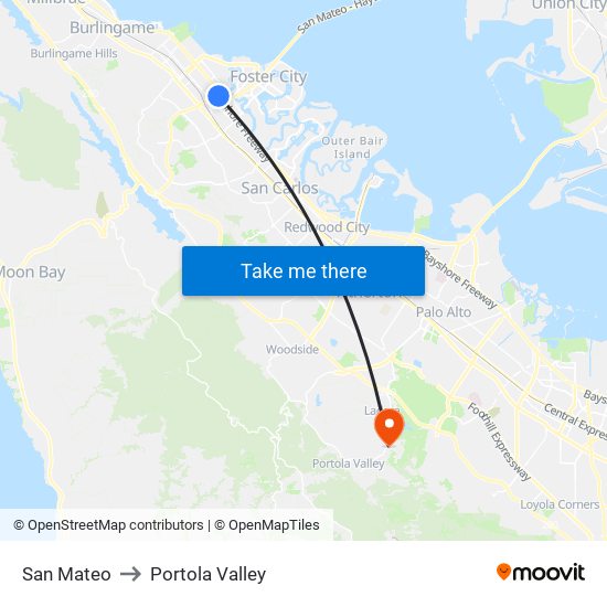 San Mateo to Portola Valley map