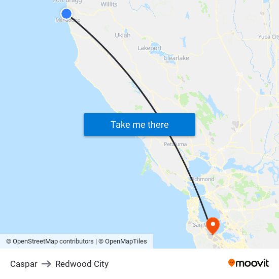 Caspar to Redwood City map