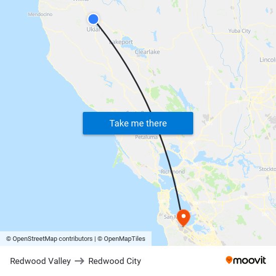 Redwood Valley to Redwood City map