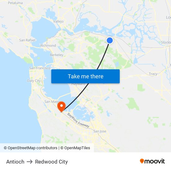 Antioch to Redwood City map