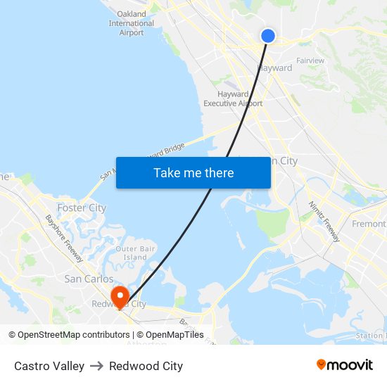 Castro Valley to Redwood City map