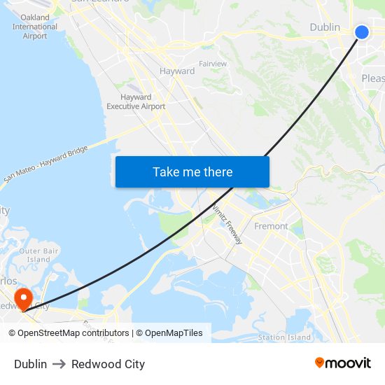 Dublin to Redwood City map