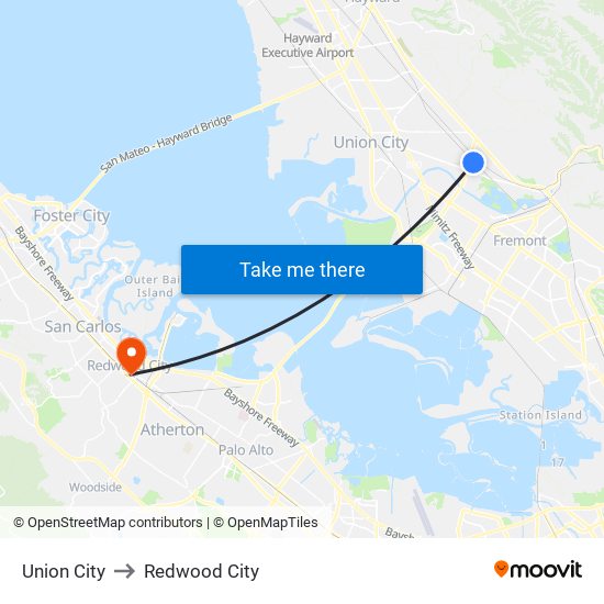 Union City to Redwood City map