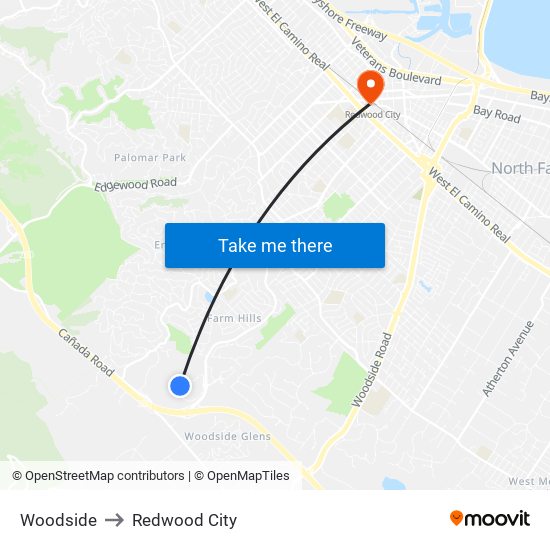 Woodside to Redwood City map