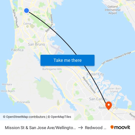 Mission St & San Jose Ave/Wellington Ave to Redwood City map