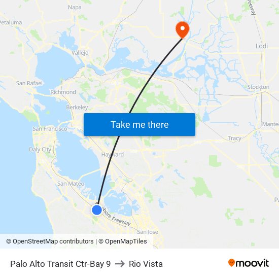 Palo Alto Transit Ctr-Bay 9 to Rio Vista map