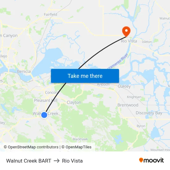 Walnut Creek BART to Rio Vista map