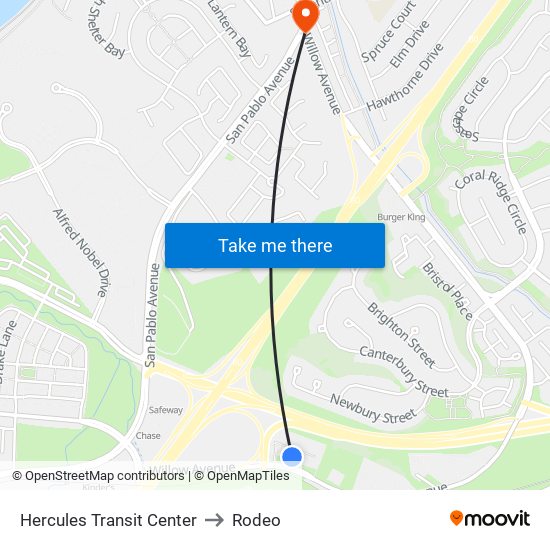 Hercules Transit Center to Rodeo map