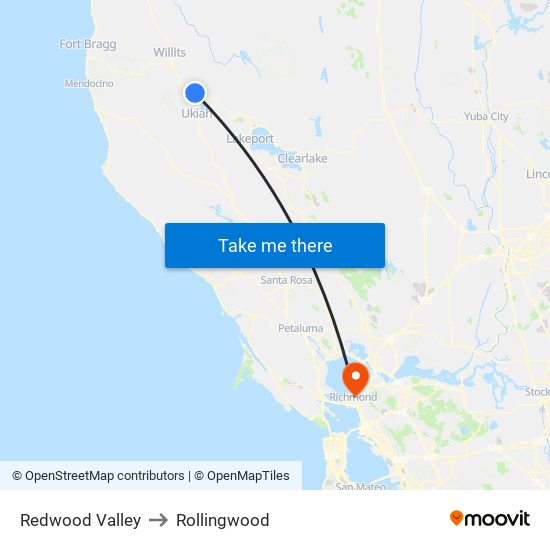 Redwood Valley to Rollingwood map