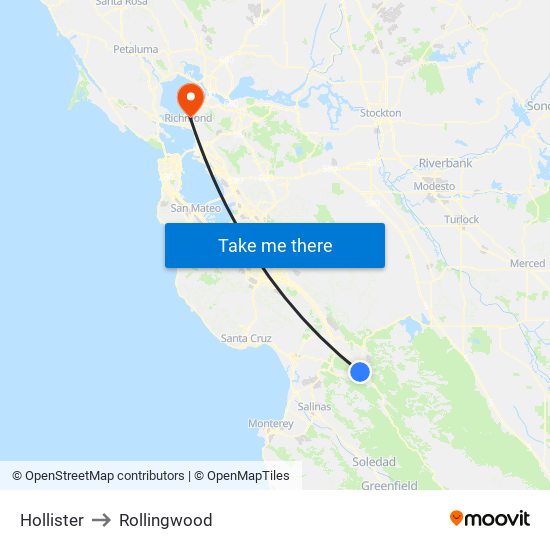 Hollister to Rollingwood map